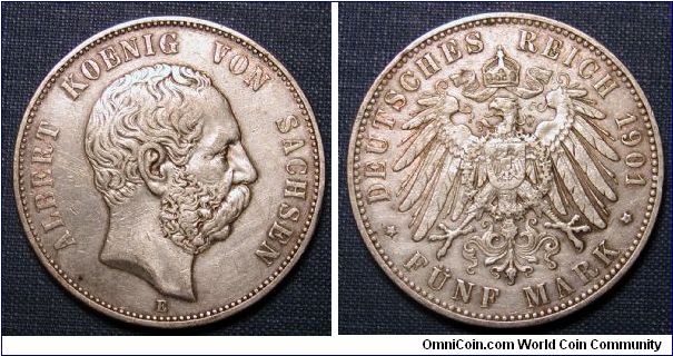 1901 German States Saxony 5 Marks .900 Silver Mintage 156,000 Albert