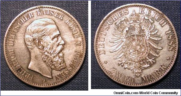 1888 German States Prussia 2 Marks .900 Silver
