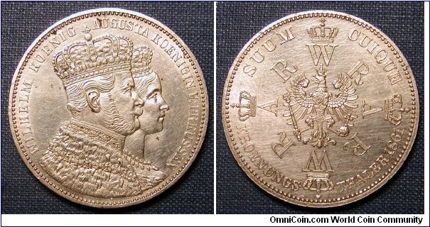 1861 German States Prussia Thaler .900 Silver Coronation of Wilhelm and Augusta