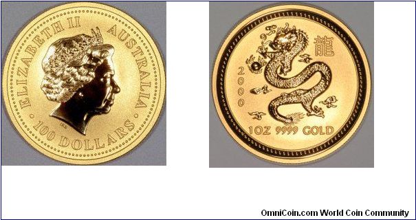 Year of the Dragon, 1 ounce gold bullion coin. Part of the Chinese lunar calendar series of Australian coins produced by the Perth Mint.