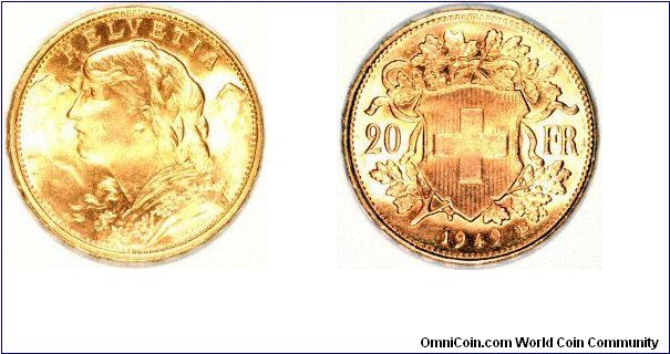 Switzerland is one of only about four countries to have issued any gold coins in 1949. This particular design is known as a Vreneli after the girl's head on the obverse. Swiss 20 franc coins are one of the world's most recognised gold bullion coins.