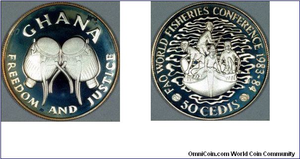 The silver proof 50 Cedis coin we show was issued to commemorate the FAO World Fisheries conference.