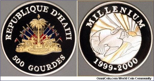 1999 - 2000 millennium silver proof 500 gourdes crown with colour.
