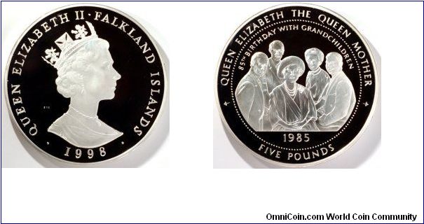 A one kilo silver proof coin issued in honour of the Queen Mother, and remembering her 85th birthday in 1985.