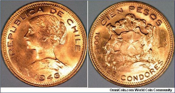 Chile is one of the few countries to have regularly issued gold coins after about 1932. One hundred peso coins (= 10 condores)  such as this were issued almost every year from 1946 to 1980.
This coin is the second type, issued from 1932 onwards. Please see our first type coin which was only issued in 1926.