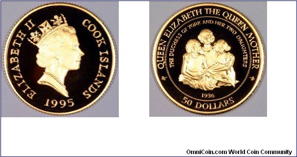 Gold proof $50 issued in honour of the Queen Mother. This one shows her as the Duchess of York in 1936 with her two daughters, Princesses Elizabeth and Margaret.