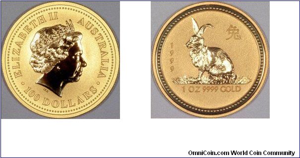 One ounce gold lunar calendar coin.
The 1999 Chinese lunar year of the rabbit ran from February 15nd 1999 to February 3rd 2000.