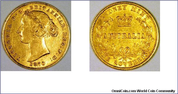Sydney Mint sovereign of 1870.
Australia has issued gold coins since 1852, when South Adelaide issued a gold pound coin. Following this, the Sydney Mint issued Australian sovereigns from 1855 to 1870, and half sovereigns from 1855 to 1866.
Between 1871 and 1931 Australia also produced normal type British gold sovereigns from its branch mints in Sydney, Melbourne and Perth.