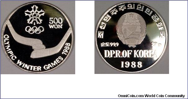 Recorded history shows Korea as three kingdoms from 57 BC to 935 AD. At the end of the second world war, the USA entered Korea from the south, USSR from the North. North Korea, under Russian influence, proclaimed itself as a Democratic People's Republic on August 25th 1948. Its capital is Pyongyang. North Korea issued its first coins in 1959 with 100 chon equal to 1 won. We show a 500 Won of 1988 with an ice hockey theme for the winter olympics in Calgary.