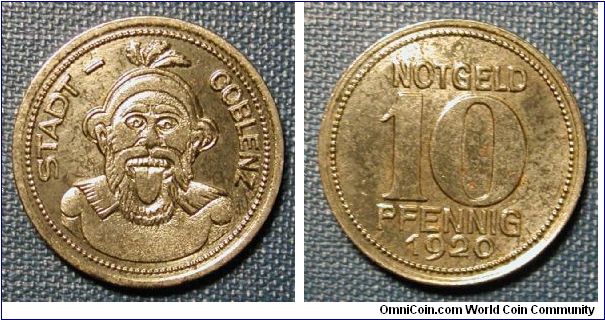 1920 Germany (Coblenz) 10 Pfennig Notgeld Coin.  Iron