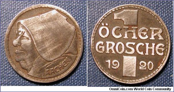 1920 Germany (Aachen) 10 Pfennig Notgeld Coin.  Iron