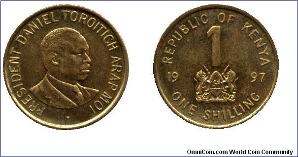 Kenya, 1 shilling, 1997, President Daniel Toroitich Arap Moi.                                                                                                                                                                                                                                                                                                                                                                                                                                                       