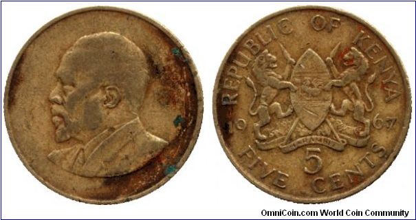 Kenya, 5 cents, 1967, Ni-Brass, President Jomo Kenyatta.                                                                                                                                                                                                                                                                                                                                                                                                                                                            