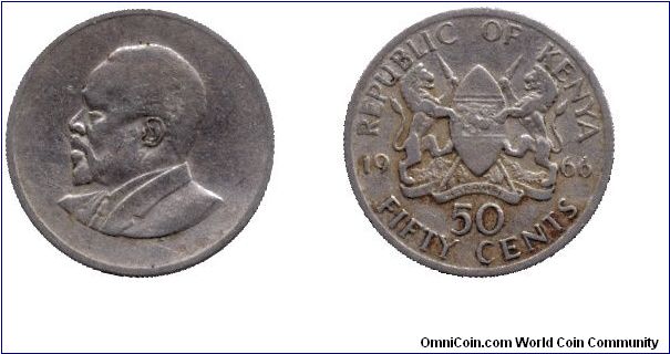 Kenya, 50 cents, 1966, Cu-Ni, Mzee Jomo Kenyatta.                                                                                                                                                                                                                                                                                                                                                                                                                                                                   