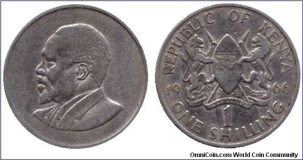Kenya, 1 shilling, 1966, Cu-Ni, Mzee Jomo Kenyatta.                                                                                                                                                                                                                                                                                                                                                                                                                                                                 
