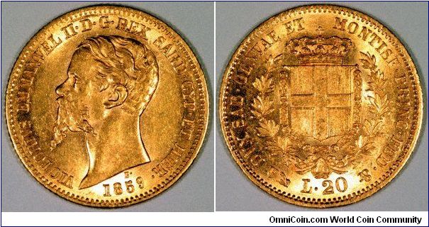 Gold 20 lire of Vittorio Emmanuel II from Sardinia, before Italian unification. He later became the first King of Italy.