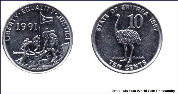 Eritrea, 10 cents, 1997, Ostrich, 1991 Revolution.                                                                                                                                                                                                                                                                                                                                                                                                                                                                  