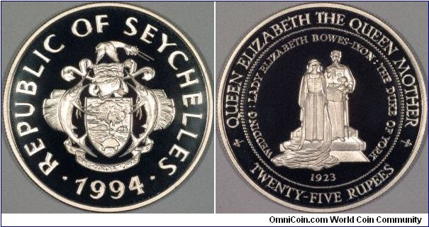 Commemorative silver proof crown honouring the Queen Mother, and depicting her wedding in 1923 to the Duke of York, later King George VI.