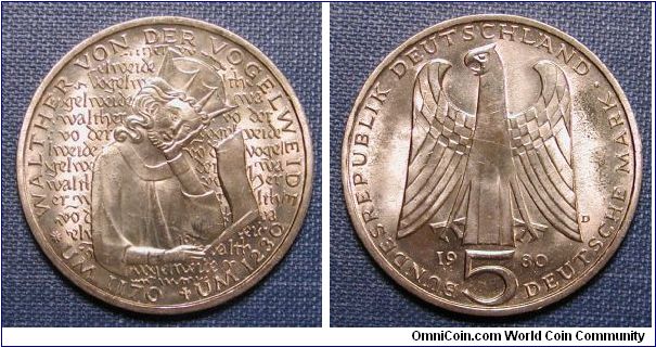 1980 Germany 5 Marks Silver Commemorating the 750th Anniversary of the death of Walther von der Vogelweide