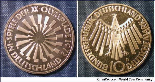 1972 Germany 10 Marks Silver Proof.  Olympics