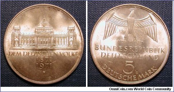 1971 Germany 5 Marks Silver - German Unification.