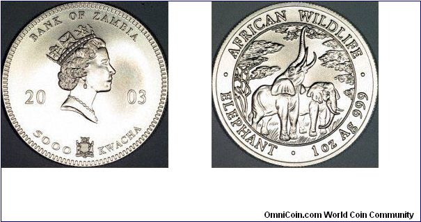 Silver one ounce bullion coin, The Zambian Elephant.