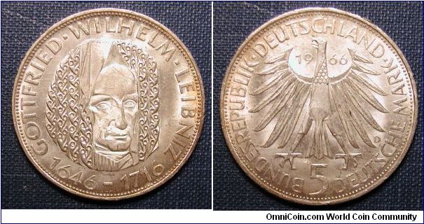 1966 Germany 5 Marks Silver Gottfried Leibniz