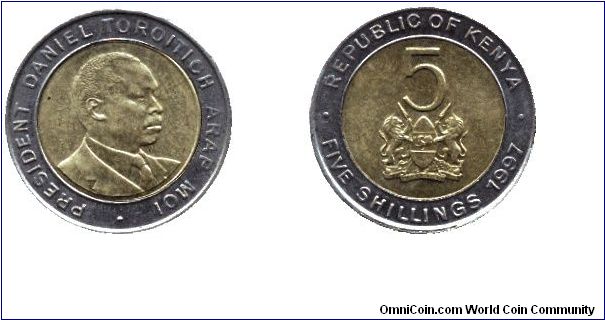 Kenya, 5 shillings, 1997, President Daniel Toroitich Arap Moi, bi-metallic.                                                                                                                                                                                                                                                                                                                                                                                                                                         