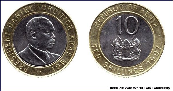 Kenya, 10 shillings, 1997, President Daniel Toroitich Arap Moi, bi-metallic.                                                                                                                                                                                                                                                                                                                                                                                                                                        