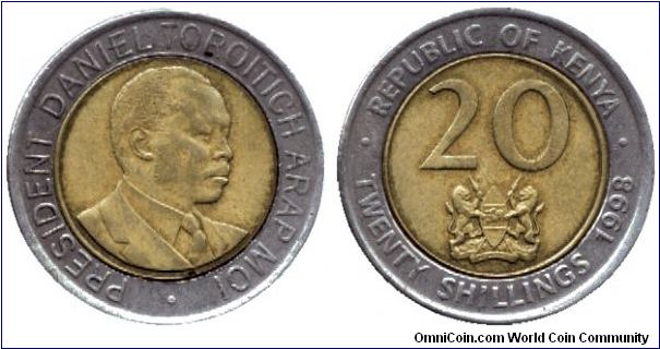 Kenya, 20 shillings, 1998, President Daniel Toroitich Arap Moi, bi-metallic.                                                                                                                                                                                                                                                                                                                                                                                                                                        