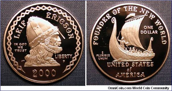 2000 Leif Ericson Silver Proof Commemorative Dollar.   Commemorating the Discovery of the New World.