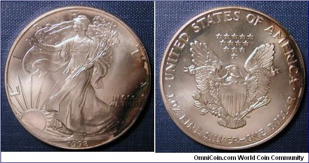 1992 Silver American Eagle starting to tone.