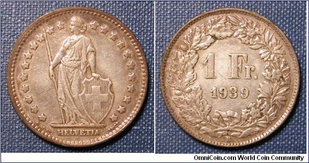 1939 Switzerland 1 Franc (Toned)