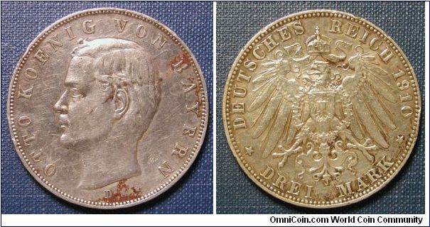 1910-D German States Bavaria 3 Marks .900 Silver Otto Prince Regent Luitpold