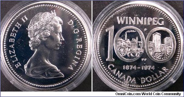 1974 Winnipeg specimen silver dollar. This coin also comes comprised in nickel.