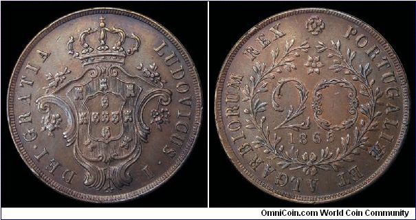 1865 Azores, 20 Reis. Copper. Mintage 178,000.