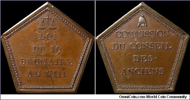 1799 Medal given to the Commission of the Counsel of the Ancients. Late Directorate, France. An early Consulate legislative body. A rare restrike.