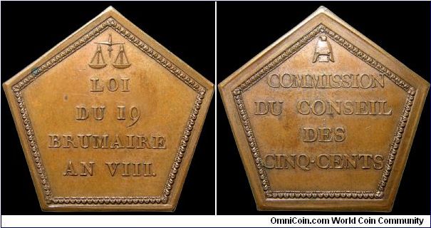 Medal given to the Commission of the Counsel of the 500. Late Directorate, early Consulate legislative body. Original, one of perhaps 25 struck. (France)                                                                                                                                                                                                                                                                                                                                                           
