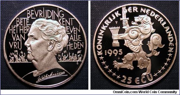 1995 The Netherlands 25 ECU .925 Silver Mintage 25,000 25g Commemorating Queen Wilhelmina.  Reverse: Coat of Arms