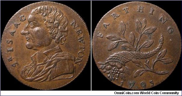 Farthing. Issac Newton was the subject of this Conder trade token.                                                                                                                                                                                                                                                                                                                                                                                                                                                  