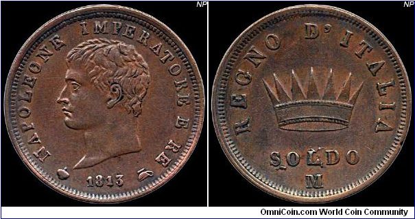 Soldo, Napoleonic Kingdom of Italy. Milan mint.                                                                                                                                                                                                                                                                                                                                                                                                                                                                     