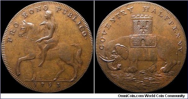 1/2 Penny Conder token, one of the Lady Godiva series. This one has a curious mixture of beautiful and amateurish engraving.                                                                                                                                                                                                                                                                                                                                                                                        