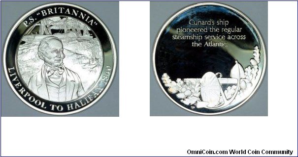 Modern silver medallion recalling the Cunard Paddle Steamer Britannia which started a Liverpool to Halifax, Nova Scotia, cross - Atlantic service in 1840.