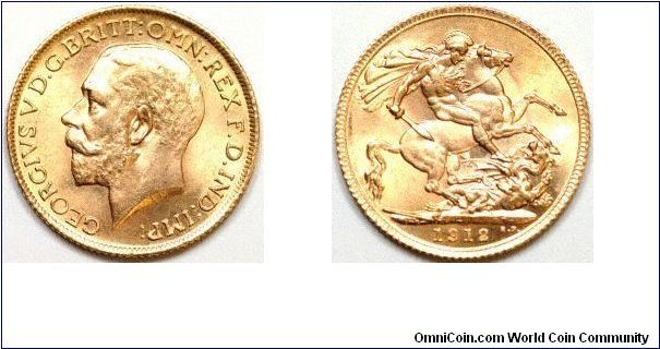 London Mint sovereign of George V. This is one of our most stolen pair of images for some reason. We now have better ones, which we are about to upload as a separate entry, partly to show the difference (improvement) in our photographic technique over a period of time.