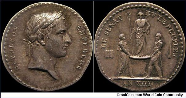 Coronation of Napoleon I (L'an XIII)

One of several varieties of tiny (14 mm) silver jetons literally thrown to the crowds on the streets of Paris. As a result one of the most common silver Napoleonic medals. (France)                                                                                                                                                                                                                                                                                        