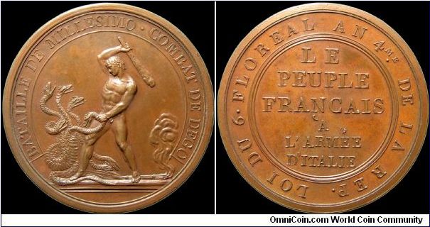 Battle of Millésimo. There were three variants of this medal. This one was struck at the Paris mint and the other two at the Milan mint. (France)                                                                                                                                                                                                                                                                                                                                                                   