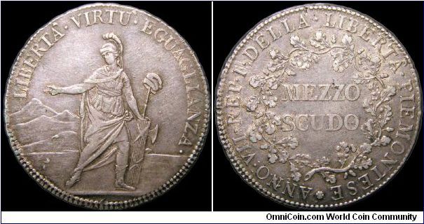 1/2 Scudo, Piedmont Republic. Though the official mintage is 450k one authority says that almost all were melted accounting for its rarity. The republic lasted just a few days more than 6 months from 10 December 1798 to 20 June 1799.                                                                                                                                                                                                                                                                           
