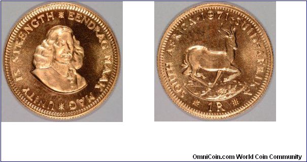 Gold 1 Rand from South Africa -Suid Afrika. Same size and specification of the British half sovereign.