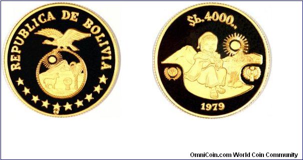 Gold proof 4,000 Bolivres issued for the UN Year of the Child campaign.