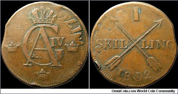 1 Skilling. Overstruck on 1767 2 öre pieces. In this particular case most of the date is clearly visible in the upper right quadrant of the obverse.                                                                                                                                                                                                                                                                                                                                                                